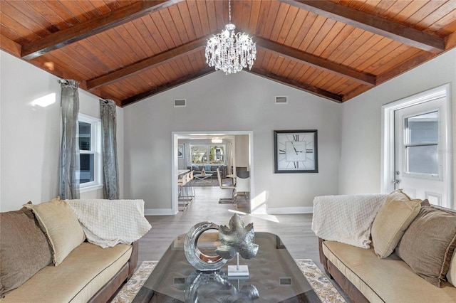 living room with vaulted ceiling with beams, a chandelier, wooden ceiling, and hardwood / wood-style flooring