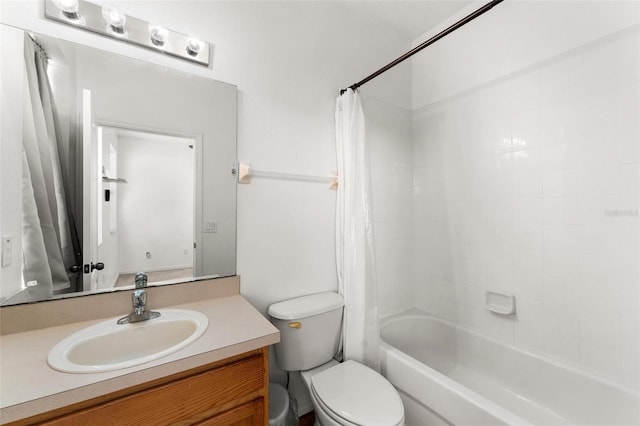 full bathroom with shower / bath combination with curtain, toilet, and vanity