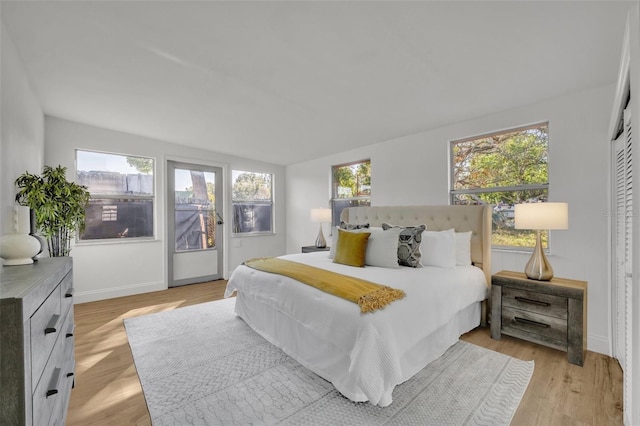 bedroom with multiple windows and light wood-type flooring