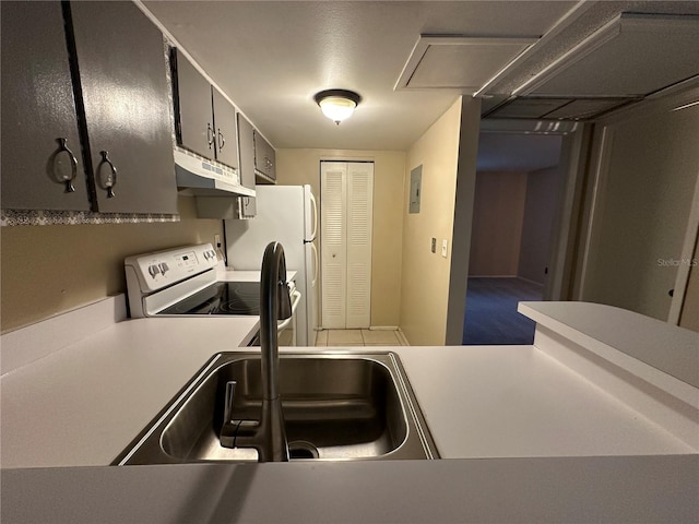 kitchen with electric panel, sink, and white appliances