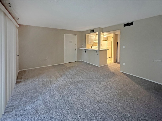 unfurnished living room featuring light carpet and sink