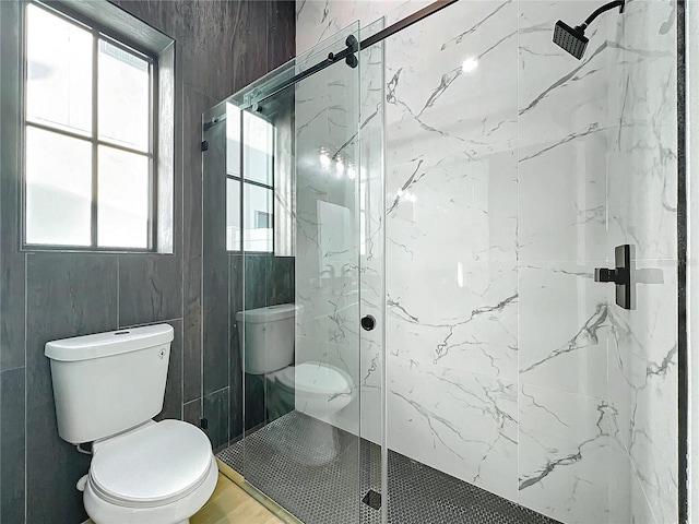 bathroom with toilet and walk in shower