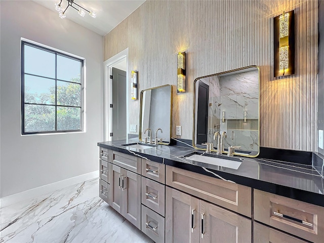 bathroom featuring walk in shower and vanity