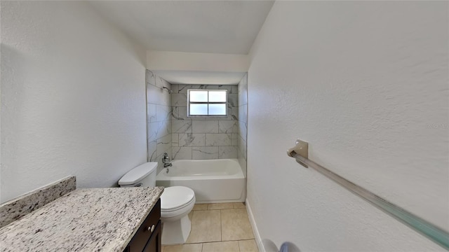 full bathroom featuring tile patterned flooring, tiled shower / bath combo, toilet, and vanity