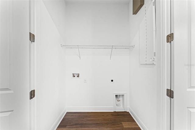 laundry area featuring washer hookup, electric dryer hookup, and dark wood-type flooring