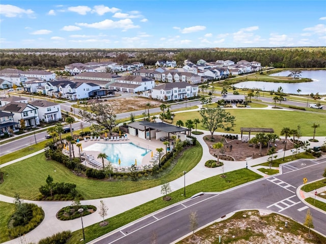 bird's eye view with a water view