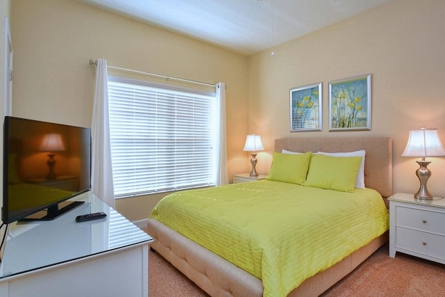 bedroom with light carpet