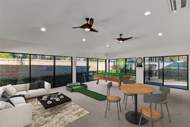 playroom with lofted ceiling, carpet floors, ceiling fan, and billiards