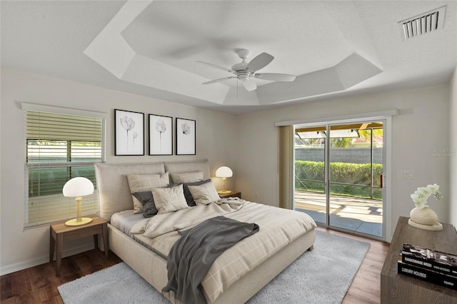 bedroom featuring multiple windows, access to outside, and a tray ceiling