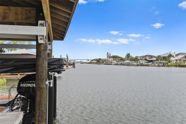 view of water feature with a boat dock and boat lift