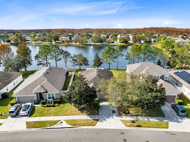 bird's eye view with a water view