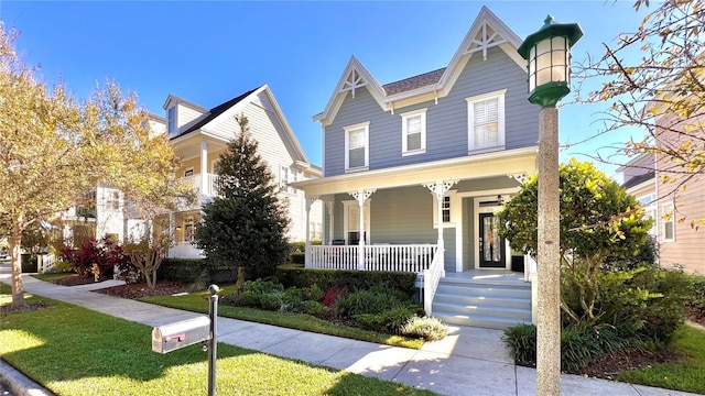 victorian home featuring covered porch and a front lawn