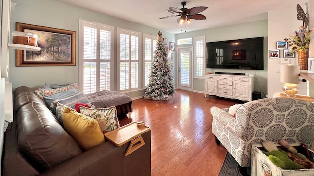 living room with hardwood / wood-style floors and ceiling fan