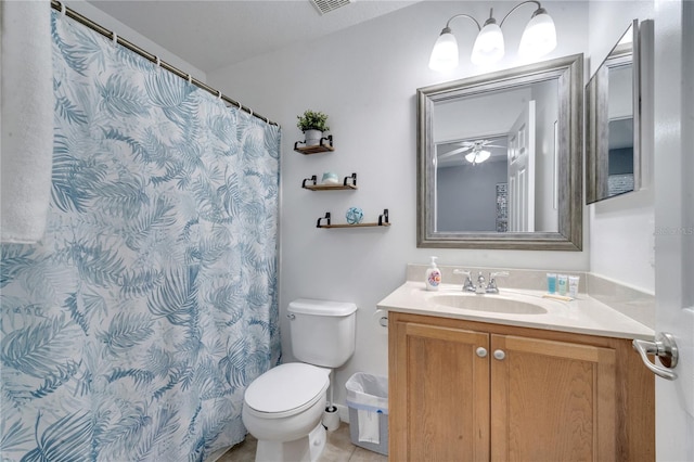 bathroom with tile patterned floors, vanity, ceiling fan, and toilet