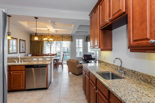 kitchen with sink, coffered ceiling, an inviting chandelier, stainless steel dishwasher, and crown molding