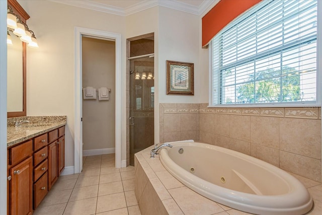 bathroom featuring vanity, crown molding, tile patterned flooring, and plus walk in shower