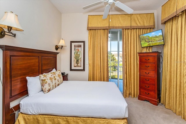 carpeted bedroom with access to exterior and ceiling fan