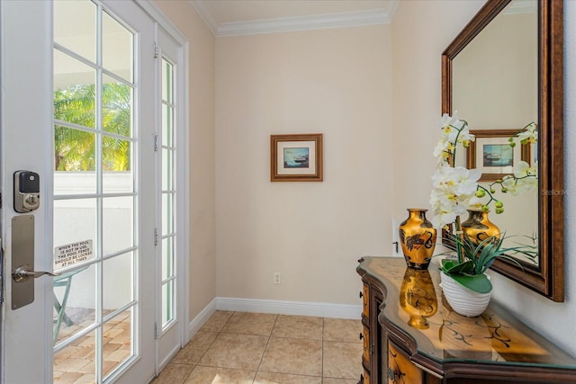 entryway with crown molding and light tile patterned flooring