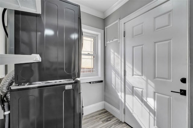 bathroom with wood-type flooring and ornamental molding