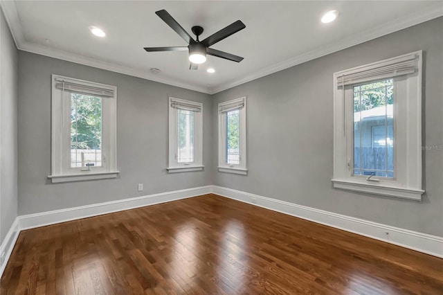 spare room featuring ceiling fan, ornamental molding, and a healthy amount of sunlight