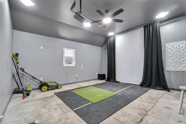 interior space with ceiling fan and lofted ceiling