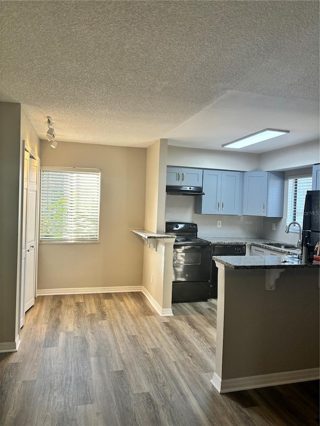 kitchen featuring a breakfast bar, kitchen peninsula, and black range with electric cooktop