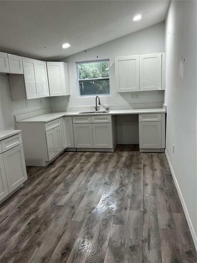 kitchen featuring lofted ceiling, sink, and dark wood-type flooring