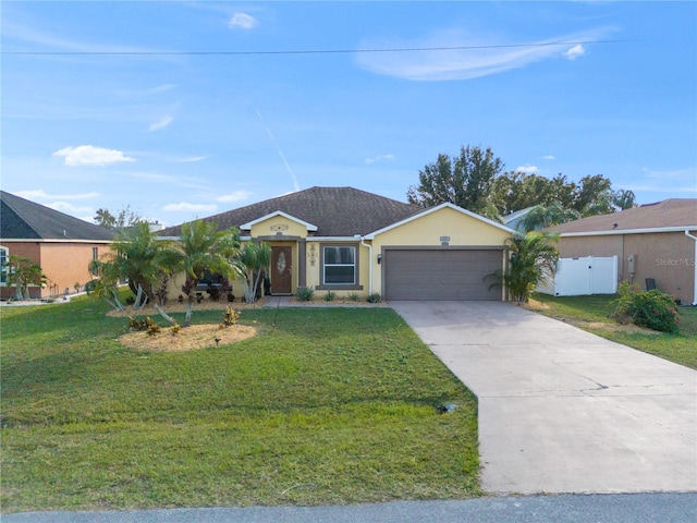 ranch-style home with a front yard and a garage