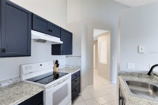 kitchen featuring blue cabinets, sink, light tile patterned floors, and white electric stove