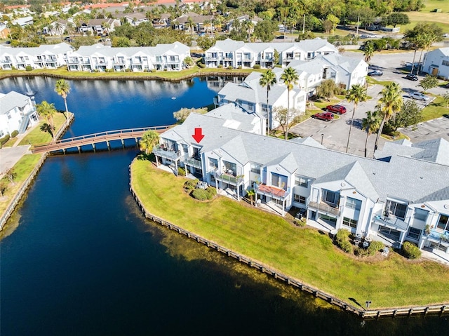 drone / aerial view featuring a water view