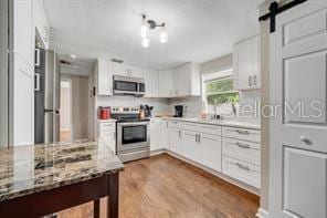 kitchen featuring light stone countertops, appliances with stainless steel finishes, a barn door, hardwood / wood-style flooring, and white cabinets