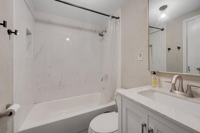 full bathroom featuring shower / bath combination with curtain, vanity, and toilet