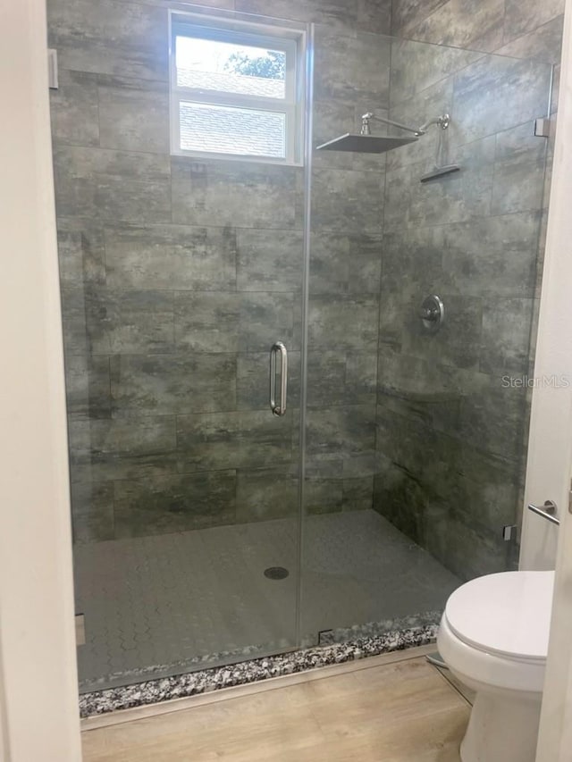 bathroom with wood-type flooring, toilet, and walk in shower