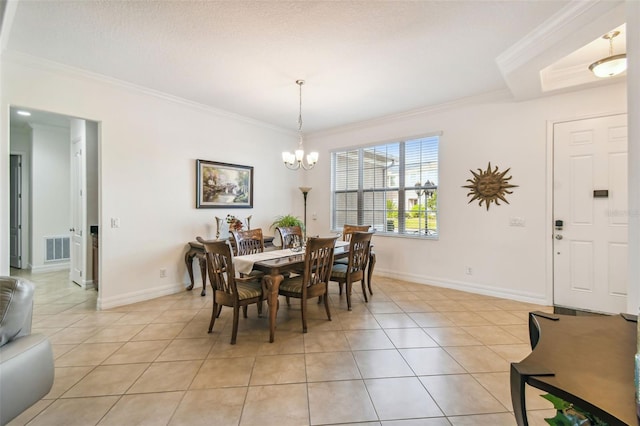 tiled dining space with ornamental molding and a notable chandelier