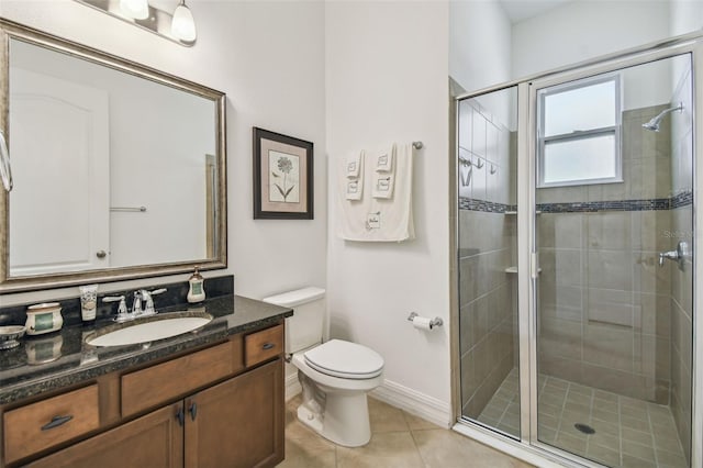 bathroom featuring tile patterned flooring, vanity, toilet, and walk in shower