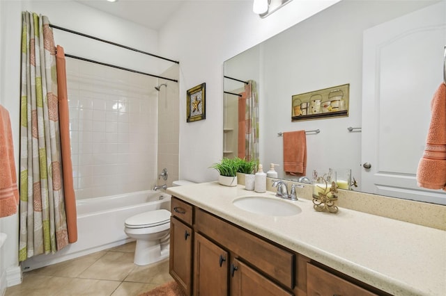 full bathroom with tile patterned floors, vanity, shower / bath combination with curtain, and toilet