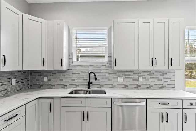 kitchen featuring a sink, white cabinetry, backsplash, and dishwasher