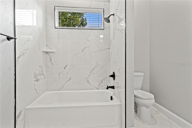 full bath with marble finish floor, shower / washtub combination, toilet, and baseboards