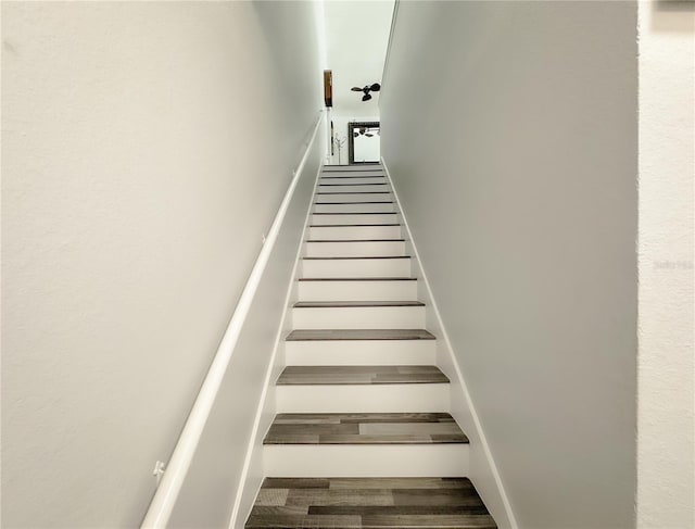 staircase with hardwood / wood-style flooring