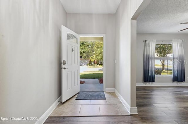 foyer featuring a wealth of natural light, a textured ceiling, and light wood-type flooring