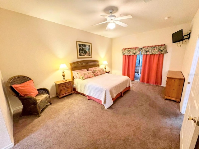 bedroom featuring light carpet and ceiling fan