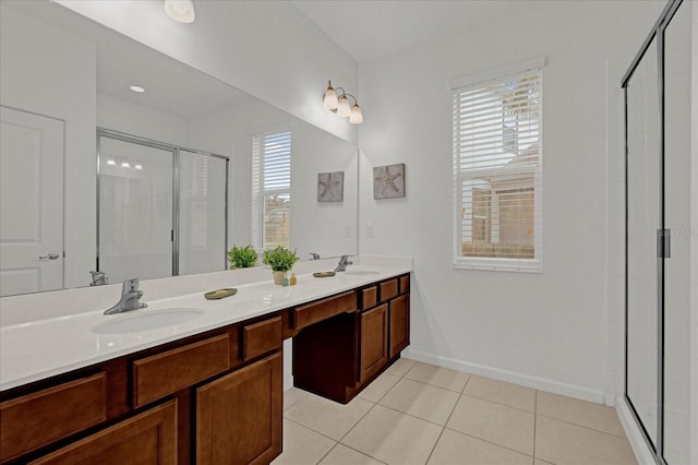 bathroom featuring tile patterned floors, a shower with shower door, and a healthy amount of sunlight