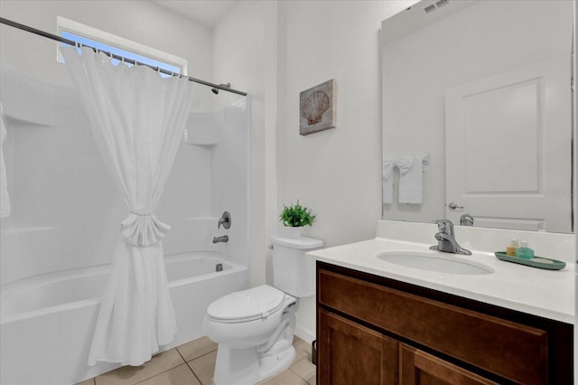 full bathroom with visible vents, toilet, tile patterned flooring, shower / bath combination with curtain, and vanity