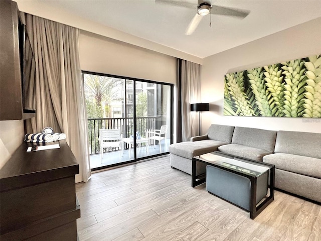 living room featuring light hardwood / wood-style flooring and ceiling fan