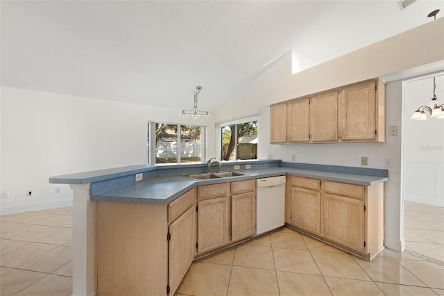 kitchen with vaulted ceiling, sink, light tile patterned floors, dishwasher, and a chandelier