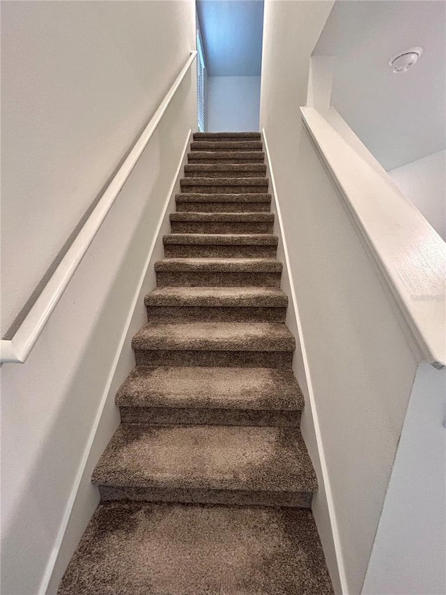 staircase featuring carpet