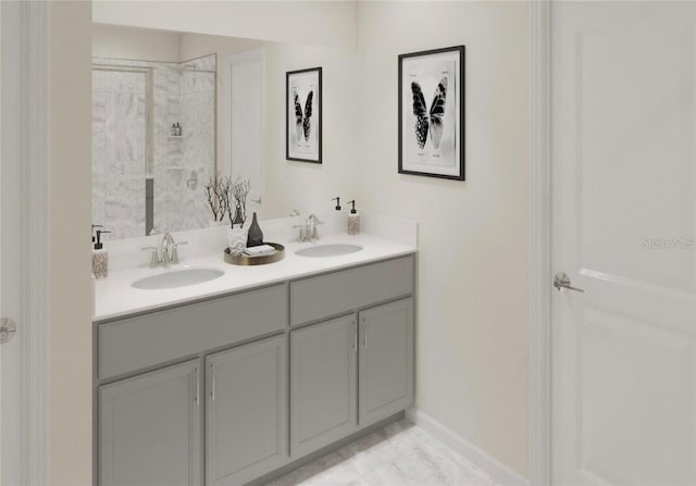 bathroom featuring vanity and a tile shower