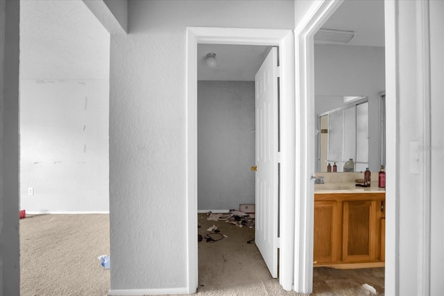 bathroom with vanity and a shower with shower door