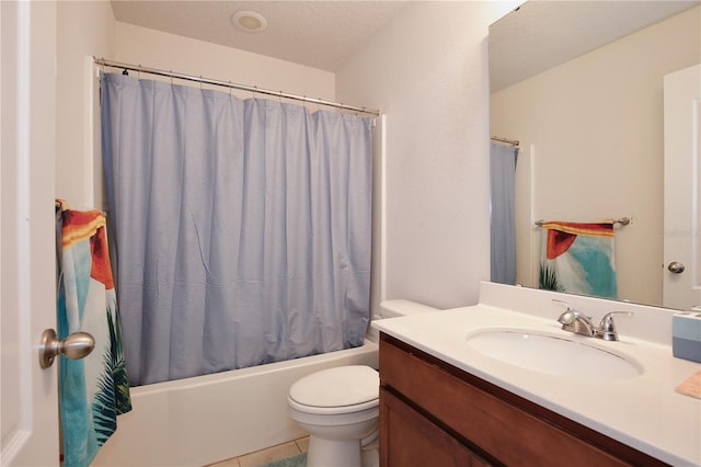 full bathroom featuring tile patterned flooring, vanity, shower / bath combination with curtain, and toilet