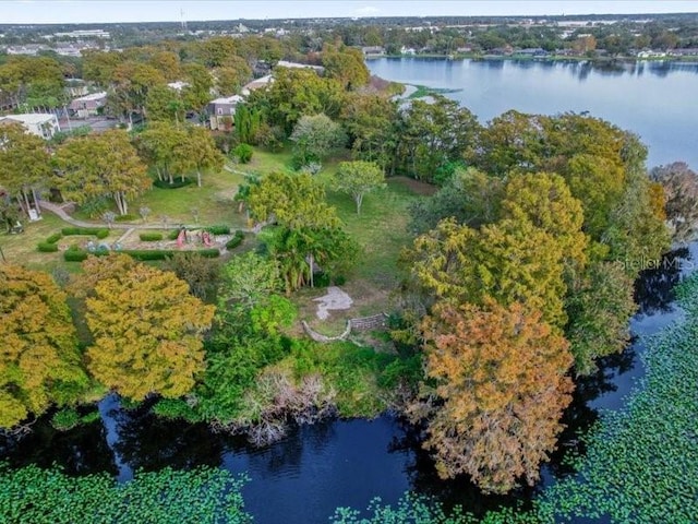 birds eye view of property with a water view